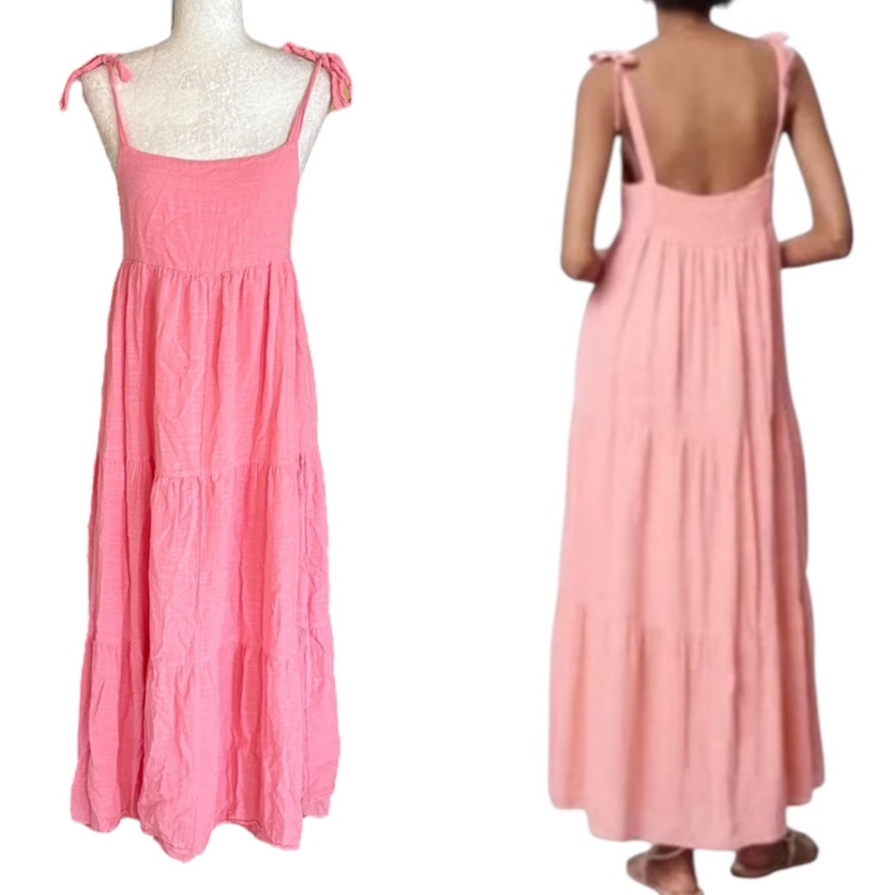 Zara Bubblegum Pink Bow Tie Shoulder Tiered Midi Maxi Dress - M